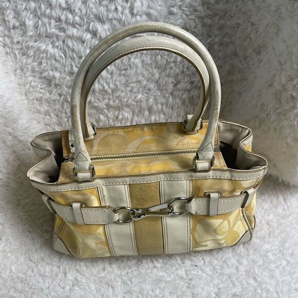 Coach Hampton Signature Canvas Satchel yellow & gold Beige leather trim & straps - Picture 2 of 16